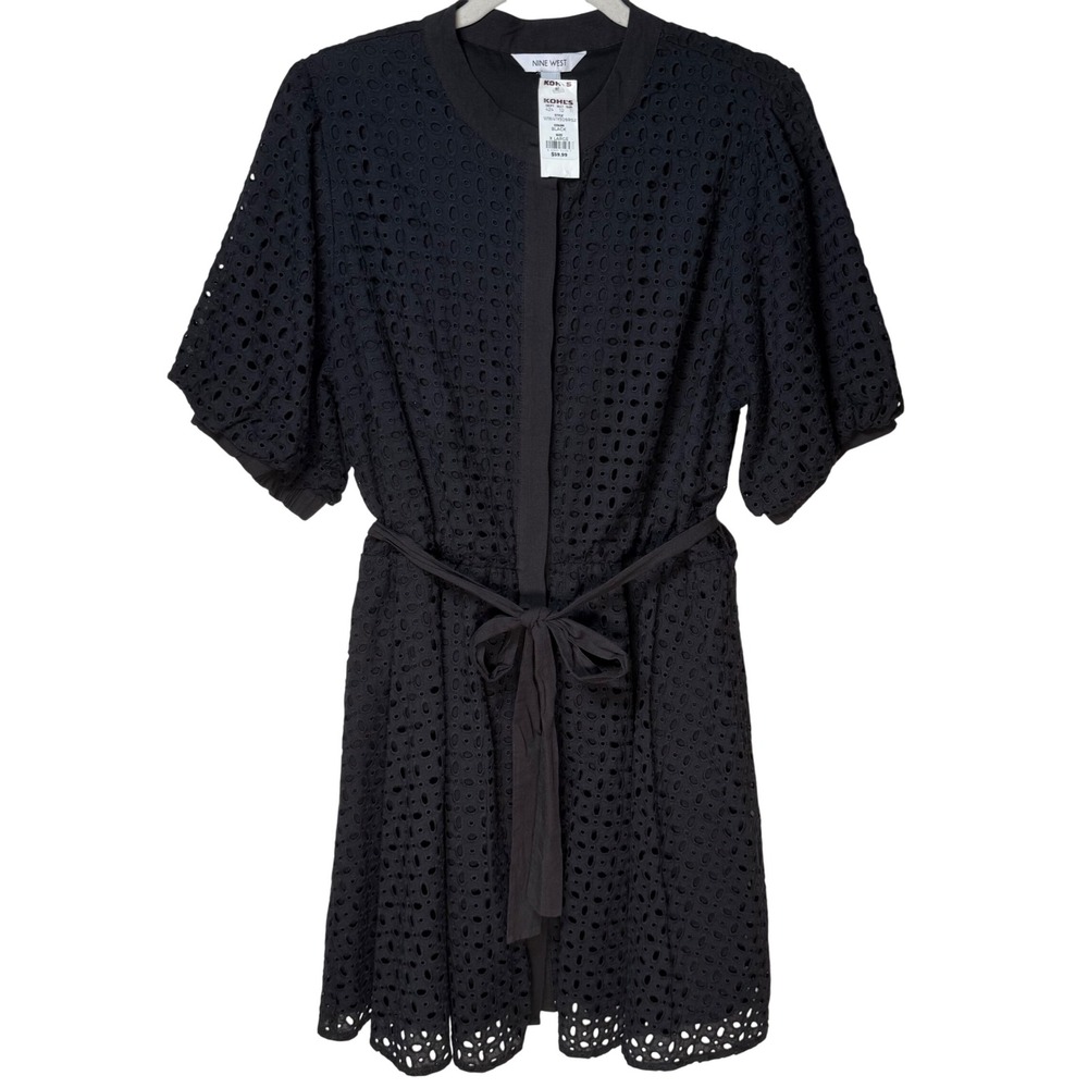 Nine West NWT Black Eyelet Shirt Dress XL Cotton Cottagecore‎ Gothic Boho LBD